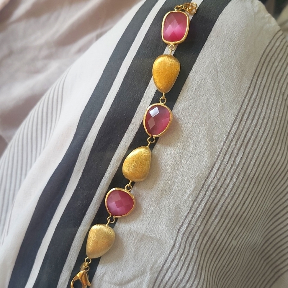 RIVKA FRIEDMAN Yellow Gold Clad Satin Finish Pink Cat's Eye Link Bracelet